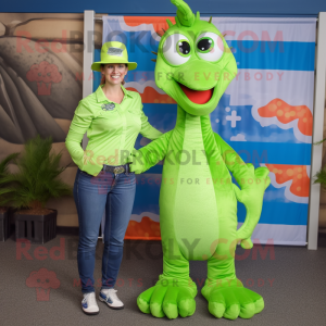 Lime Green Sea Horse mascot costume character dressed with a Mom Jeans and Hats