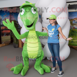 Lime Green Sea Horse mascot costume character dressed with a Mom Jeans and Hats