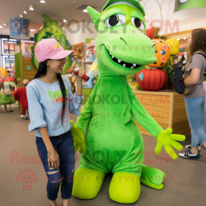 Lime Green Sea Horse mascot costume character dressed with a Mom Jeans and Hats