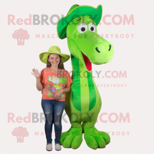 Lime Green Sea Horse mascot costume character dressed with a Mom Jeans and Hats