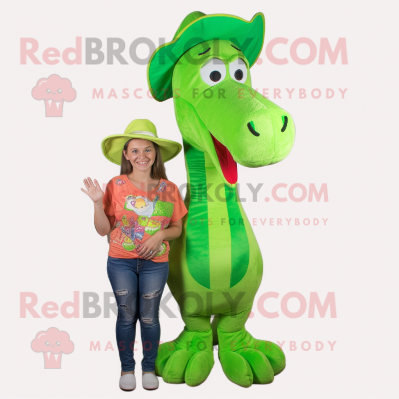 Lime Green Sea Horse mascot costume character dressed with a Mom Jeans and Hats Lime Green Sea Horse mascot costume character dressed with a Mom Jeans and Hats