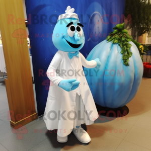 Sky Blue Squash mascot costume character dressed with a Wedding Dress and Tie pins