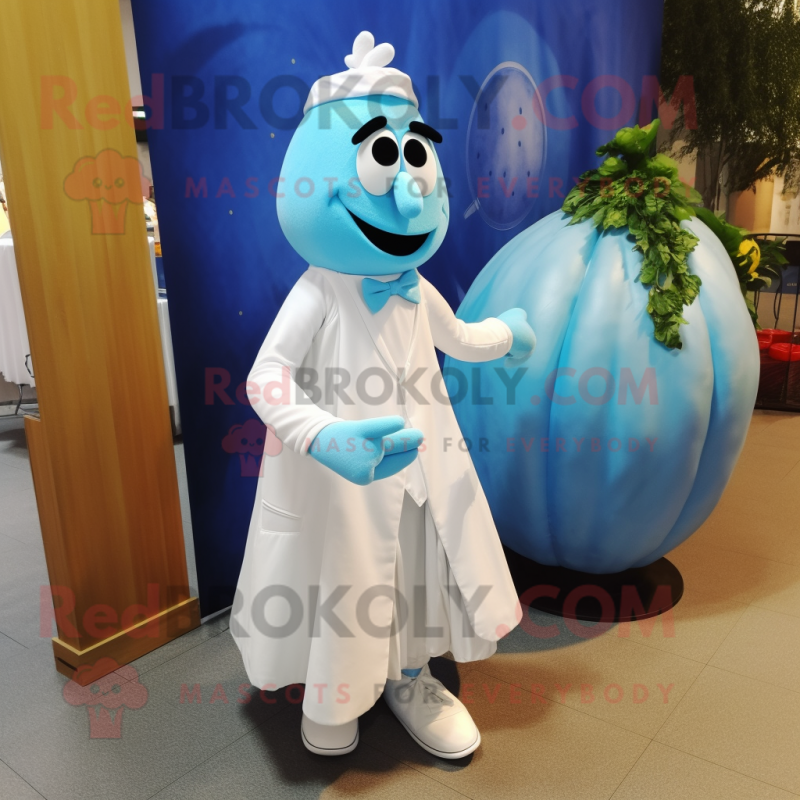 Sky Blue Squash mascot costume character dressed with a Wedding Dress and Tie pins Sky Blue Squash mascot costume character dressed with a Wedding Dress and Tie pins