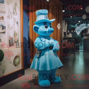 Maskotfigur af en cyan...