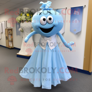 Sky Blue Squash mascot costume character dressed with a Wedding Dress and Tie pins