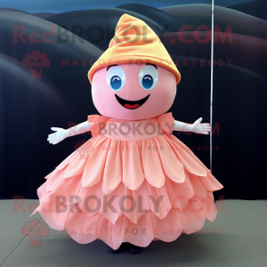 Peach Ice mascot costume character dressed with a Pleated Skirt and Caps