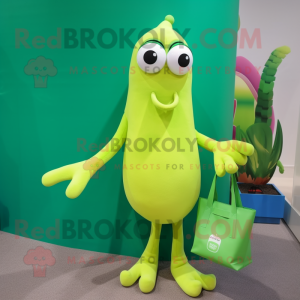 Lime Green Squid mascot costume character dressed with a Blouse and Tote bags