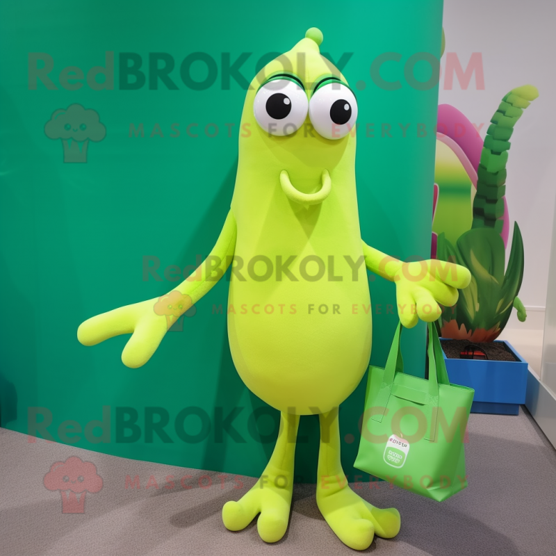 Lime Green Squid mascot costume character dressed with a Blouse and Tote bags Lime Green Squid mascot costume character dressed with a Blouse and Tote bags