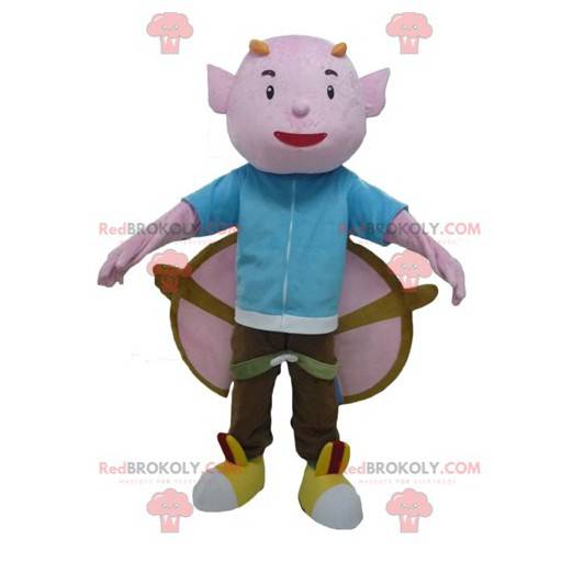 Mascotte folletto rosa con corna e grandi ali - Redbrokoly.com