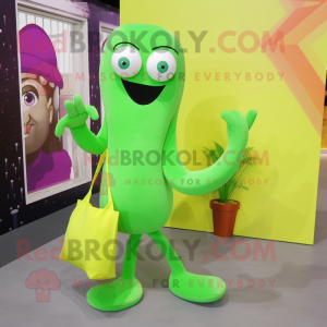 Lime Green Squid mascot costume character dressed with a Blouse and Tote bags