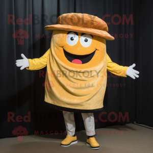 Gold Pulled Pork Sandwich mascot costume character dressed with a Tank Top and Hats