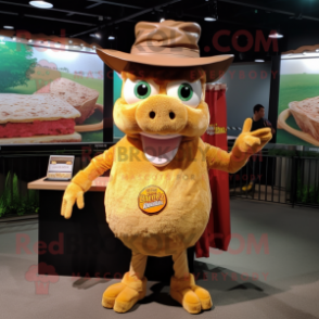 Gold Pulled Pork Sandwich mascot costume character dressed with a Tank Top and Hats