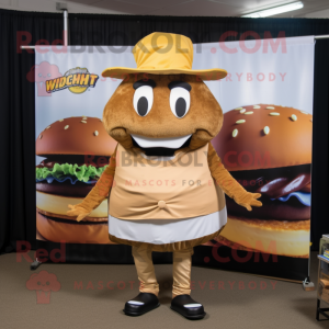 Gold Pulled Pork Sandwich mascot costume character dressed with a Tank Top and Hats