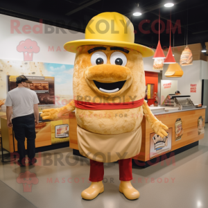 Gold Pulled Pork Sandwich mascot costume character dressed with a Tank Top and Hats