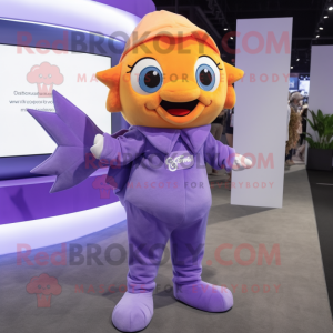 Lavender Goldfish mascot costume character dressed with a Jumpsuit and Clutch bags