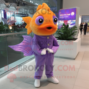Lavender Goldfish mascot costume character dressed with a Jumpsuit and Clutch bags