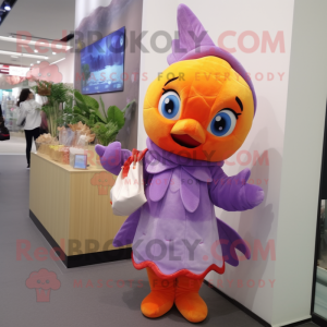 Lavender Goldfish mascot costume character dressed with a Jumpsuit and Clutch bags