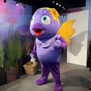 Lavender Goldfish mascot costume character dressed with a Jumpsuit and Clutch bags