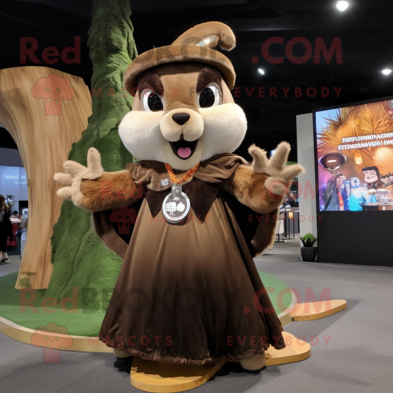 Brown Flying Squirrel mascot costume character dressed with a Maxi Skirt and Brooches