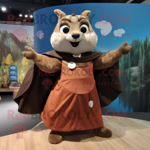 Brown Flying Squirrel mascot costume character dressed with a Maxi Skirt and Brooches