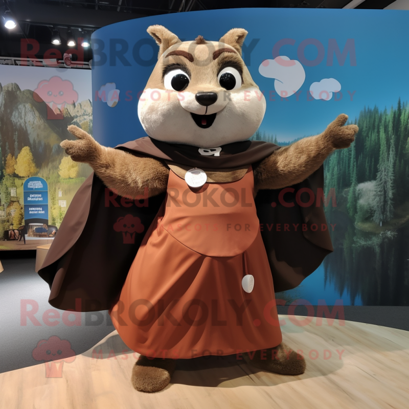 Brown Flying Squirrel mascot costume character dressed with a Maxi Skirt and Brooches Brown Flying Squirrel mascot costume character dressed with a Maxi Skirt and Brooches