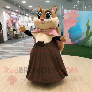 Brown Flying Squirrel mascot costume character dressed with a Maxi Skirt and Brooches