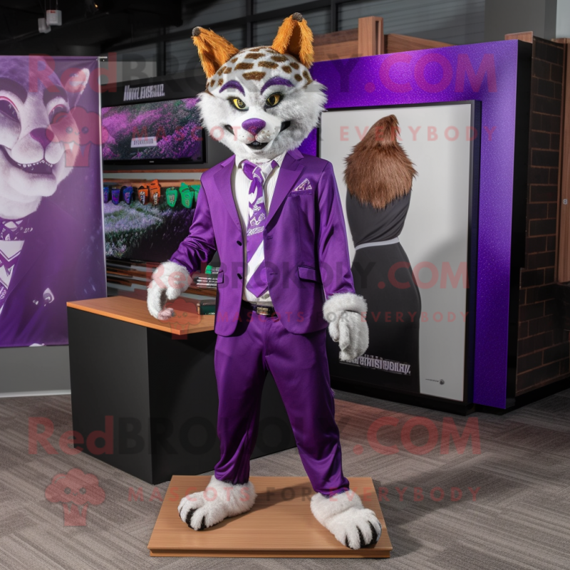 Purple Bobcat mascot costume character dressed with a Blazer and Earrings