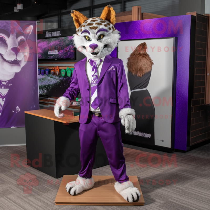 Purple Bobcat mascot costume character dressed with a Blazer and Earrings Purple Bobcat mascot costume character dressed with a Blazer and Earrings
