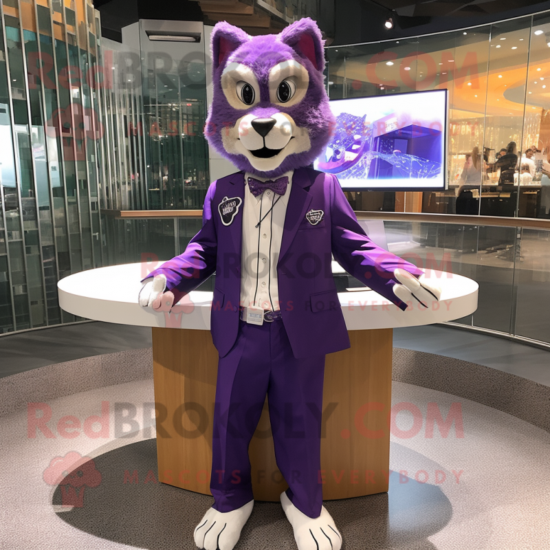 Purple Bobcat mascot costume character dressed with a Blazer and Earrings