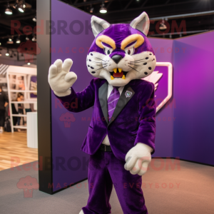 Purple Bobcat mascot costume character dressed with a Blazer and Earrings