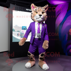Purple Bobcat mascot costume character dressed with a Blazer and Earrings