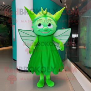Green Tooth Fairy mascot costume character dressed with a Sheath Dress and Hair clips