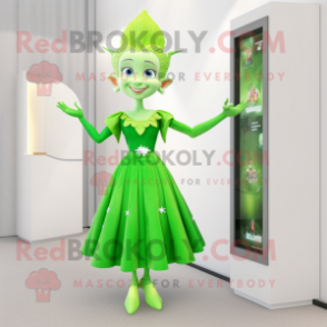 Green Tooth Fairy mascot costume character dressed with a Sheath Dress and Hair clips