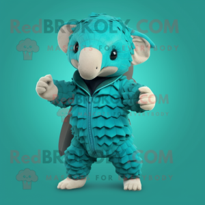 Cyan Pangolin mascot costume character dressed with a Playsuit and Mittens