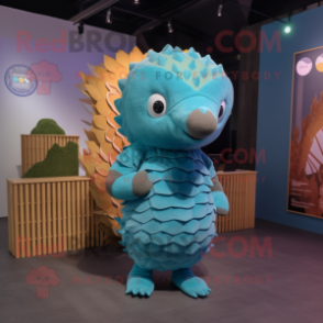 Cyan Pangolin mascot costume character dressed with a Playsuit and Mittens