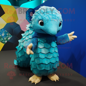 Cyan Pangolin mascot costume character dressed with a Playsuit and Mittens