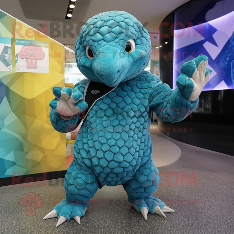 Cyan Pangolin mascot costume character dressed with a Playsuit and Mittens