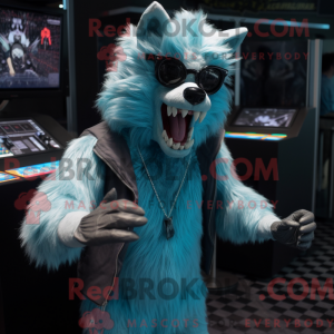 Maskotkarakter af en cyan...