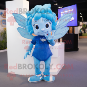 Blue Cupid mascot costume character dressed with a Playsuit and Backpacks