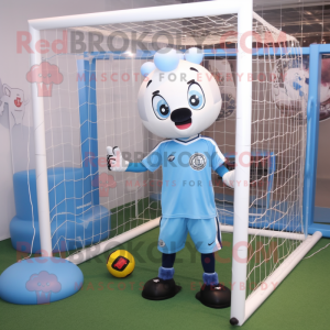 Sky Blue Soccer Goal mascot costume character dressed with a Long Sleeve Tee and Rings