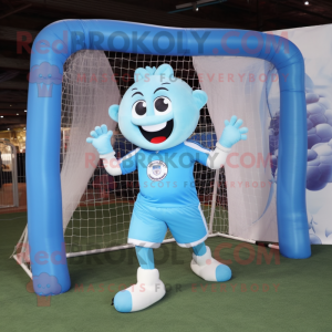 Sky Blue Soccer Goal mascot costume character dressed with a Long Sleeve Tee and Rings