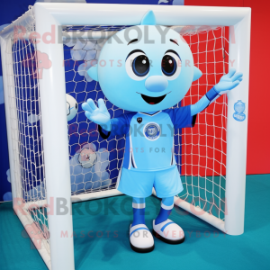 Sky Blue Soccer Goal mascot costume character dressed with a Long Sleeve Tee and Rings