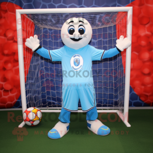Sky Blue Soccer Goal mascot costume character dressed with a Long Sleeve Tee and Rings