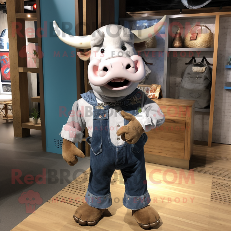 Silver Bull mascot costume character dressed with a Denim Shorts and Belts Silver Bull mascot costume character dressed with a Denim Shorts and Belts