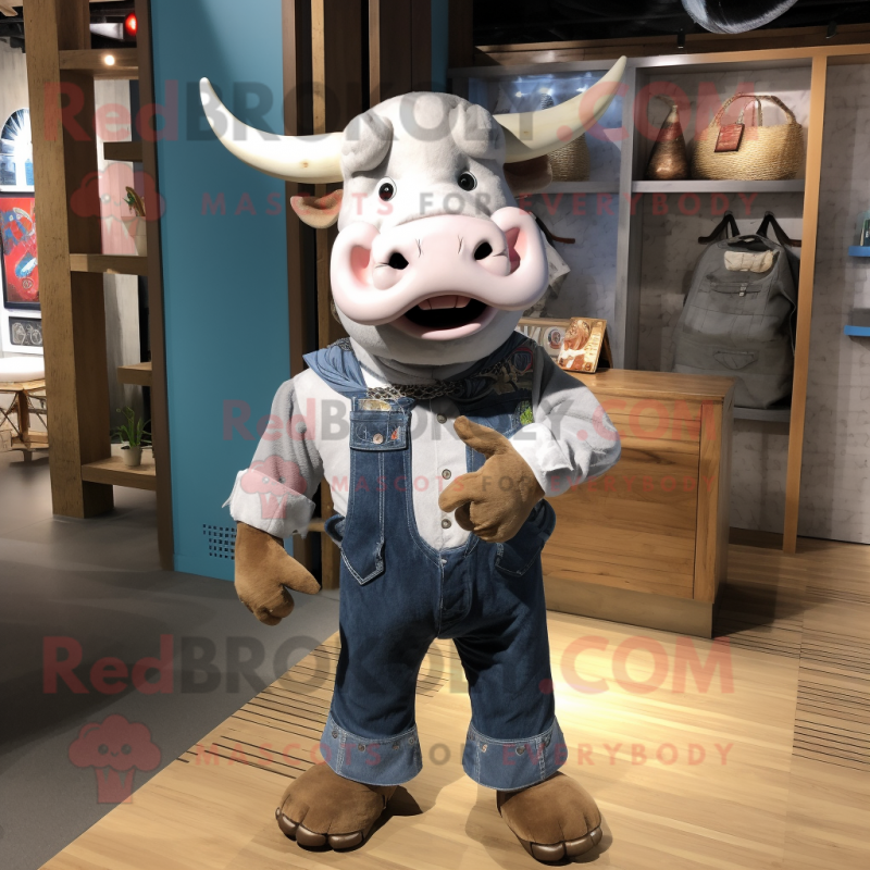 Silver Bull mascot costume character dressed with a Denim Shorts and Belts