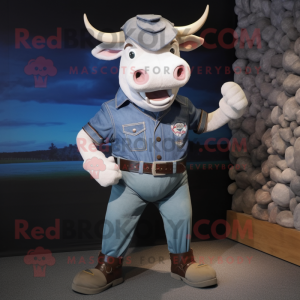 Silver Bull mascot costume character dressed with a Denim Shorts and Belts
