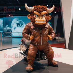 Brown Minotaur mascot costume character dressed with a Moto Jacket and Bow ties