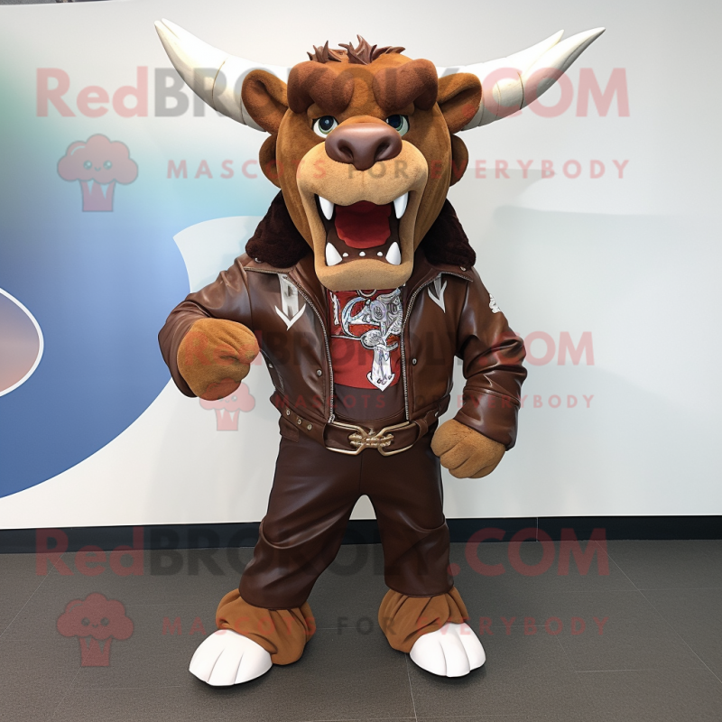 Brown Minotaur mascot costume character dressed with a Moto Jacket and Bow ties Brown Minotaur mascot costume character dressed with a Moto Jacket and Bow ties