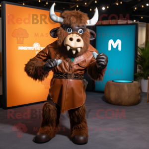 Brown Minotaur mascot costume character dressed with a Moto Jacket and Bow ties