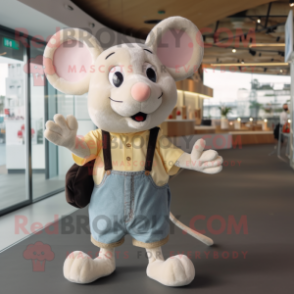 Cream Mouse mascot costume character dressed with a Jeans and Messenger bags